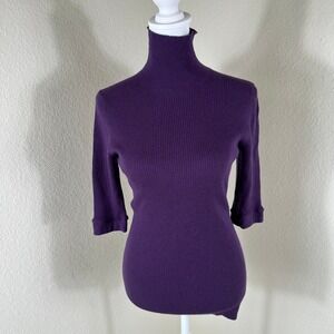 VTG Burberry Turtleneck Sweater Women M Purple 100% Cashmere Ribbed Elbow Sleeve